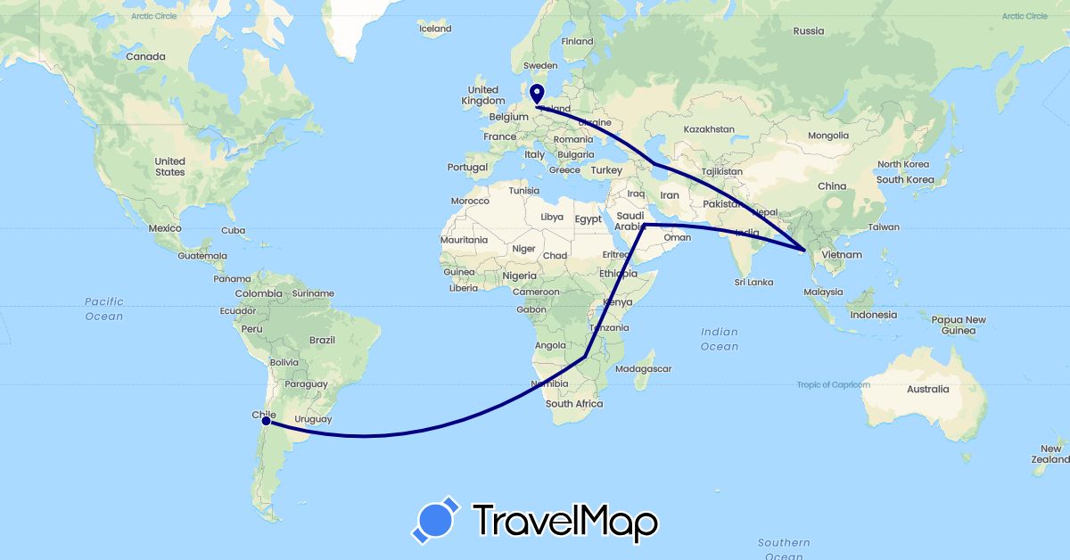 TravelMap itinerary: driving in Azerbaijan, Chile, Germany, Myanmar (Burma), Saudi Arabia, Zambia (Africa, Asia, Europe, South America)